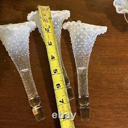 AntiquFenton Art Glass White Opalescent Diamond Lace Ruffled 3 Horn Epergne Vase