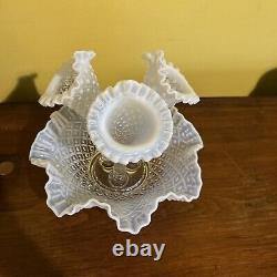 AntiquFenton Art Glass White Opalescent Diamond Lace Ruffled 3 Horn Epergne Vase