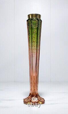 Antique 1890's MOSER Bohemian Art Glass Green Down to Rose Raised Gilt Tall Vase