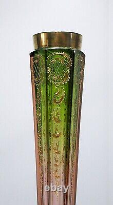 Antique 1890's MOSER Bohemian Art Glass Green Down to Rose Raised Gilt Tall Vase