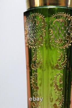 Antique 1890's MOSER Bohemian Art Glass Green Down to Rose Raised Gilt Tall Vase