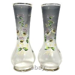 Antique 1890s Pair of Bohemian Art Glass Enameled Daisies Flowers Smokey Grey