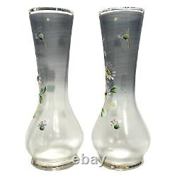 Antique 1890s Pair of Bohemian Art Glass Enameled Daisies Flowers Smokey Grey