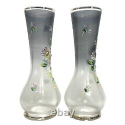 Antique 1890s Pair of Bohemian Art Glass Enameled Daisies Flowers Smokey Grey