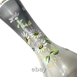 Antique 1890s Pair of Bohemian Art Glass Enameled Daisies Flowers Smokey Grey