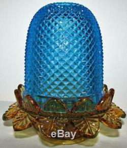 Antique 1891 Greener Co Fairy Lamp Flower Base + Aqua Blue S Clarke Diamond Dome