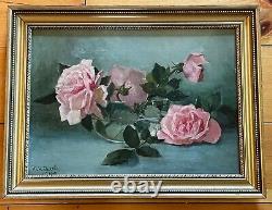 Antique 1900 Framed Signed Oil Painting of Pink Roses Glass Bowl M. H. Tuttle