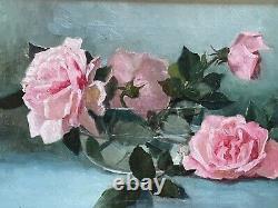 Antique 1900 Framed Signed Oil Painting of Pink Roses Glass Bowl M. H. Tuttle