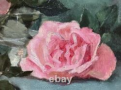 Antique 1900 Framed Signed Oil Painting of Pink Roses Glass Bowl M. H. Tuttle