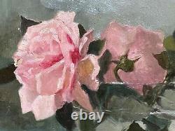 Antique 1900 Framed Signed Oil Painting of Pink Roses Glass Bowl M. H. Tuttle