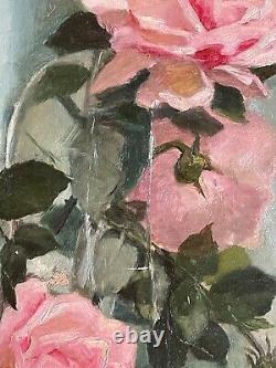 Antique 1900 Framed Signed Oil Painting of Pink Roses Glass Bowl M. H. Tuttle