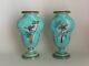 Antique 1900s Victorian Pair Opaline Art Glass Vase Enamel Hand Painted Birds