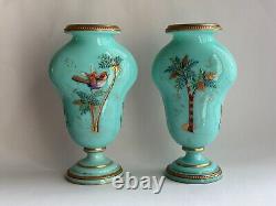 Antique 1900s Victorian Pair Opaline Art Glass Vase Enamel Hand Painted Birds