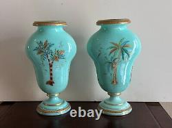 Antique 1900s Victorian Pair Opaline Art Glass Vase Enamel Hand Painted Birds