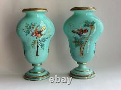 Antique 1900s Victorian Pair Opaline Art Glass Vase Enamel Hand Painted Birds