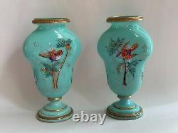 Antique 1900s Victorian Pair Opaline Art Glass Vase Enamel Hand Painted Birds