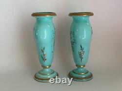 Antique 1900s Victorian Pair Opaline Art Glass Vase Enamel Hand Painted Birds