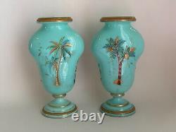 Antique 1900s Victorian Pair Opaline Art Glass Vase Enamel Hand Painted Birds