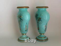 Antique 1900s Victorian Pair Opaline Art Glass Vase Enamel Hand Painted Birds