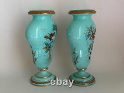 Antique 1900s Victorian Pair Opaline Art Glass Vase Enamel Hand Painted Birds