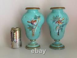 Antique 1900s Victorian Pair Opaline Art Glass Vase Enamel Hand Painted Birds