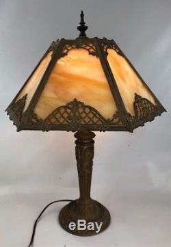 Antique 1920's Art Nouveau Slag Stained Glass Table Lamp