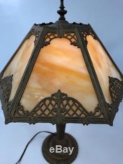 Antique 1920's Art Nouveau Slag Stained Glass Table Lamp