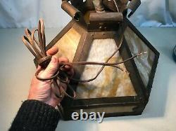 Antique 1920's Arts & Crafts Amber Tan Slag Glass Copper Hanging Lamp Shade