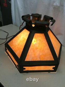 Antique 1920's Arts & Crafts Amber Tan Slag Glass Copper Hanging Lamp Shade