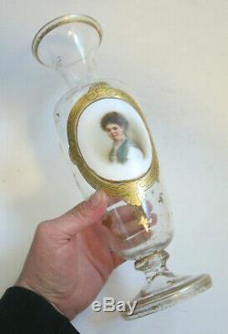 Antique 19C Bohemian Moser Art Glass 12 Hand Painted PORTRAIT Gold Footed Vase