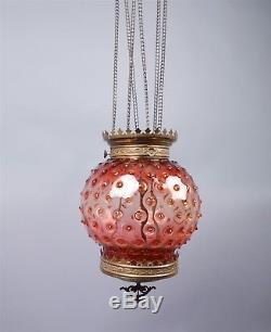 Antique 19c Victorian Cranberry Art Glass Hobnail Hanging Light Fixture