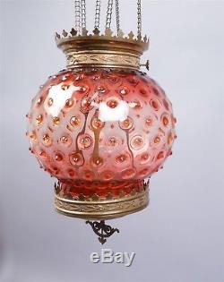 Antique 19c Victorian Cranberry Art Glass Hobnail Hanging Light Fixture