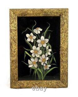 Antique 19th Century Victorian Floral Oil Painting on Glass White Yellow Flowers