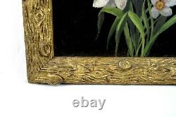 Antique 19th Century Victorian Floral Oil Painting on Glass White Yellow Flowers