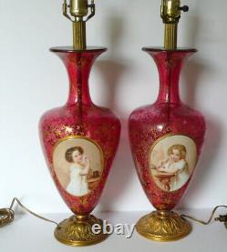 Antique 19thC MOSER Bohemian Pair Cranberry Red Glass Portrait Gold Gilded Lamps