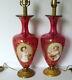Antique 19thc Moser Bohemian Pair Cranberry Red Glass Portrait Gold Gilded Lamps