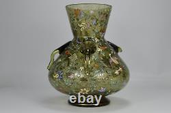 Antique 19thC Moser / Lobmeyr Persian Style Vase Enamel Decoration Birds Flowers
