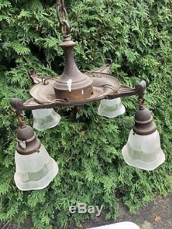 Antique 4 Arm Early Electric Victorian Art Deco Lamp Brass Chandelier Glass