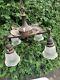 Antique 4 Arm Early Electric Victorian Art Deco Lamp Brass Chandelier Glass