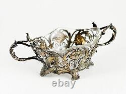 Antique 800 Silver Chased basket bowl with glass insert Victorian Era Ornate