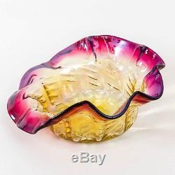 Antique Amberina Art Glass Bowl Ruffled Edge Red Ground Pontil Victorian 8.5