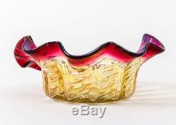 Antique Amberina Art Glass Bowl Ruffled Edge Red Ground Pontil Victorian 8.5