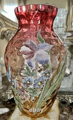 Antique Amberina Coraline Inverted Thumbprint Iris Butterfly Flowers 9 in Vase