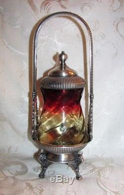 Antique Amberina Glass Pickle Castor Circa 1875 Silverplate Stand
