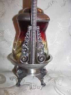 Antique Amberina Glass Pickle Castor Circa 1875 Silverplate Stand