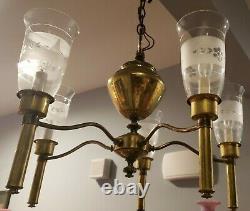 Antique Art Deco 5 Arm Light Fixture Chandelier ORIGINAL Etched Glass Shades