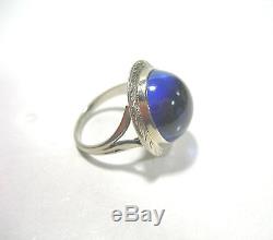 Antique Art Deco Blue Glass Orb Victorian White Gold Ring