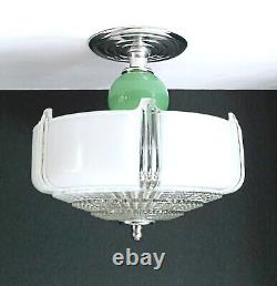 Antique Art Deco Nouveau Victorian Glass Chrome Green Ceiling Light Fixture Vtg