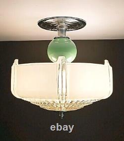 Antique Art Deco Nouveau Victorian Glass Chrome Green Ceiling Light Fixture Vtg