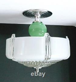 Antique Art Deco Nouveau Victorian Glass Chrome Green Ceiling Light Fixture Vtg